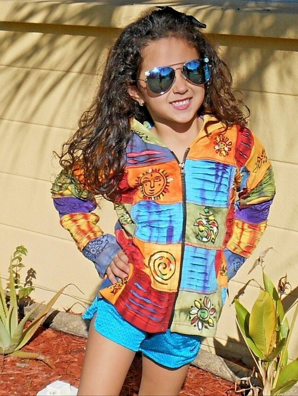 Kids Y2K Patchwork Sweater Razor Cut Boho Colourful Size L